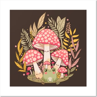 Cute Cottagecore vintage frog and mushrooms design Posters and Art